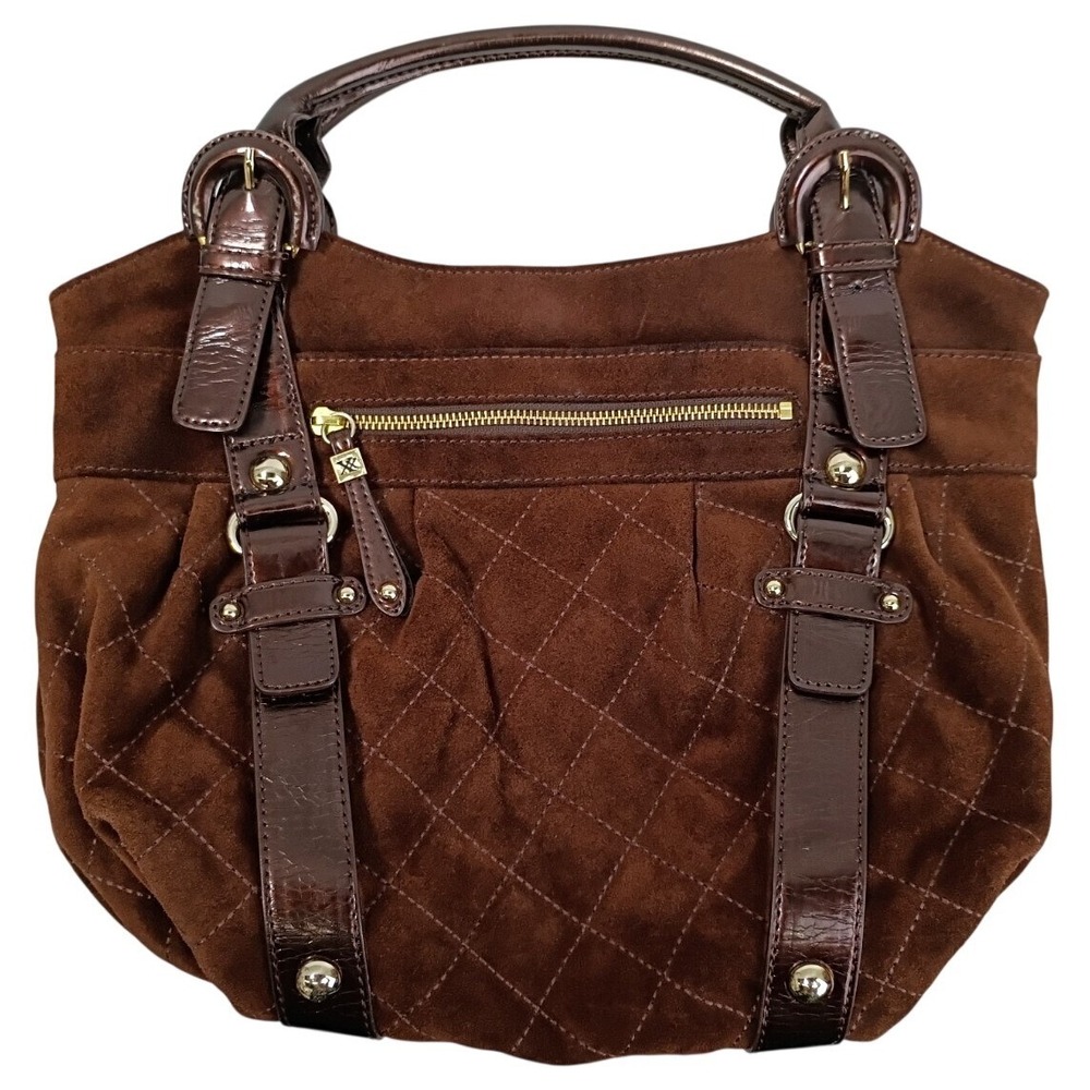 Maxx New York Hobo Handbag Brown Quilted Suede Gold Tone Studs